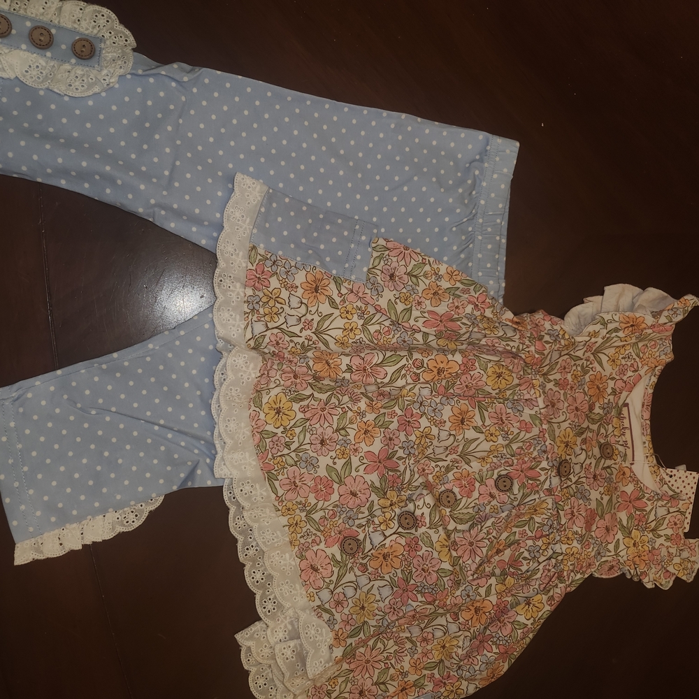cheeky plum Cora Set Garden Of Whimsy Floral Top and Blue Polka Dot Leggings Set